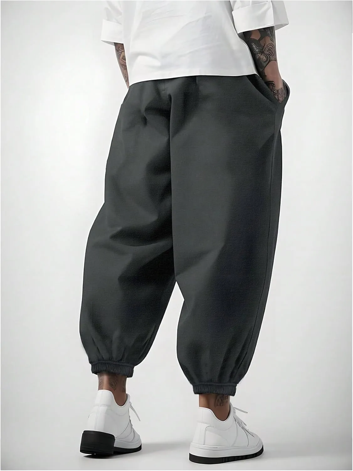 OYOANGLE Men's Baggy Jogger Pants Elastic Drawstring Waist Harem Pants with Pocket Sports Gym Trousers