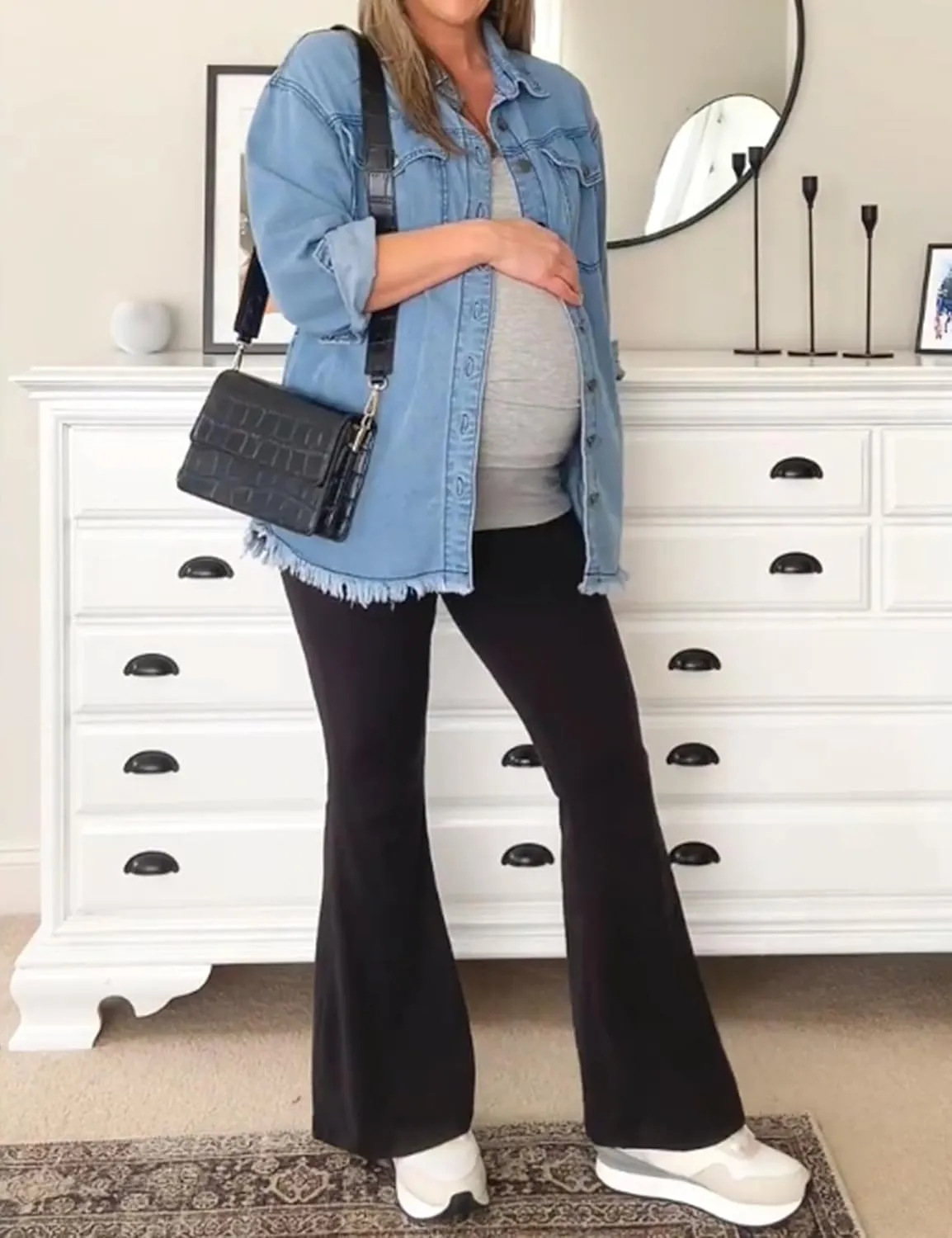 Peauty Loose Fit Over The Belly Maternity Flare Pants/High Waisted Bell Bottom Leggings Yoga Casual Work
