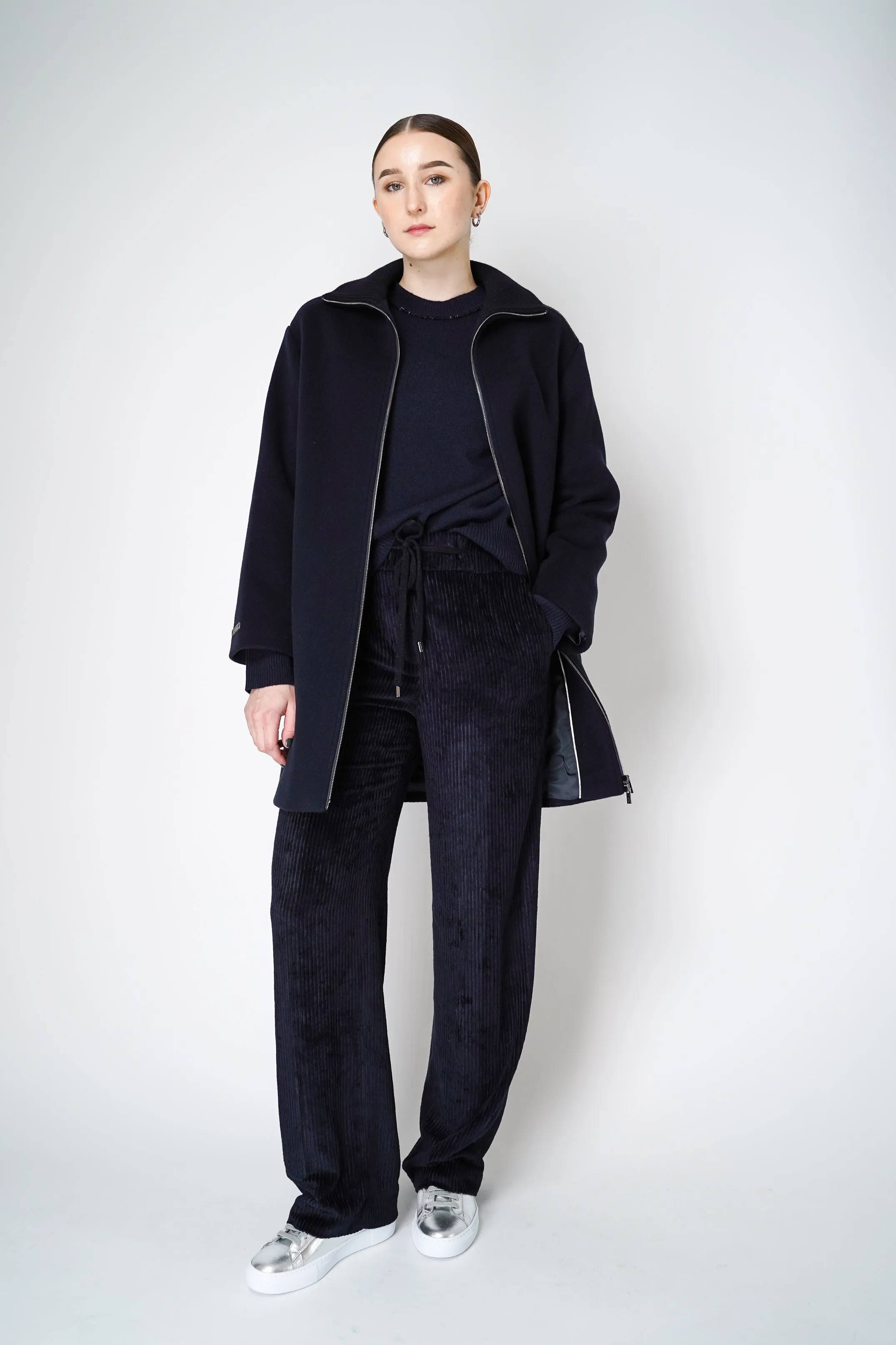 Peserico Cashmere and Wool Coat with Knitted Collar in Navy