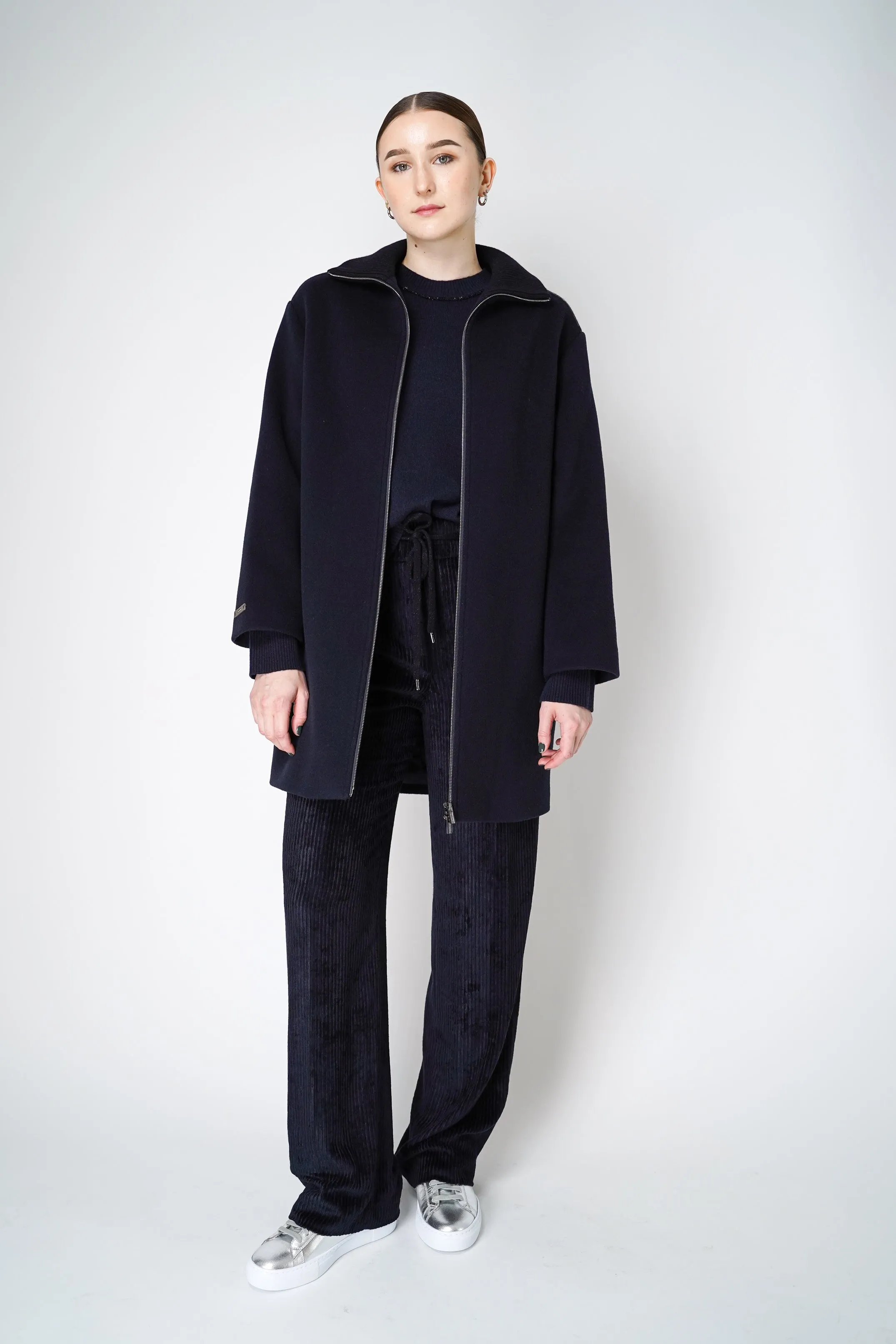 Peserico Cashmere and Wool Coat with Knitted Collar in Navy