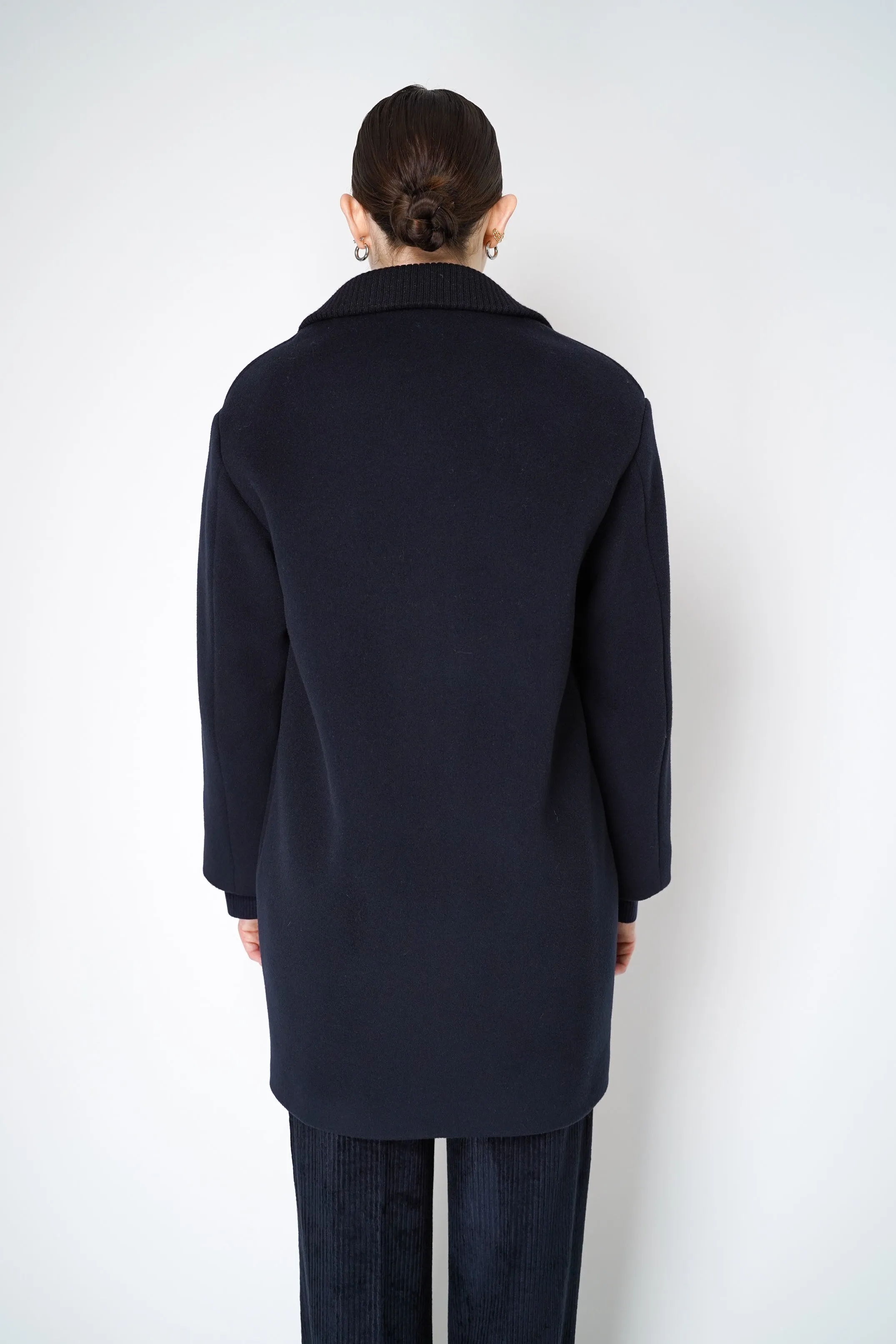 Peserico Cashmere and Wool Coat with Knitted Collar in Navy