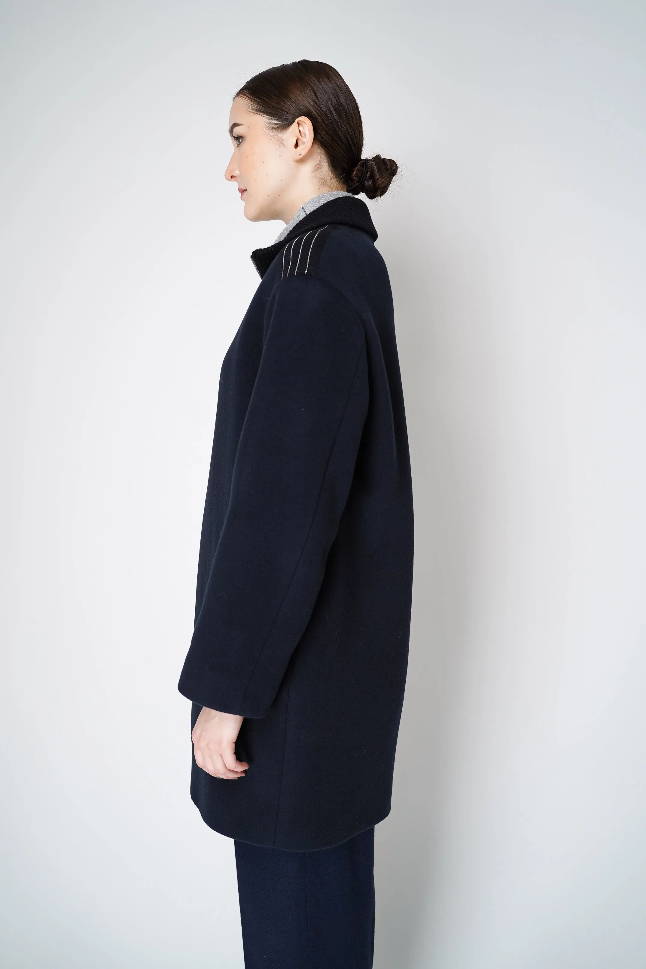 Peserico Cashmere and Wool Coat with Knitted Collar in Navy