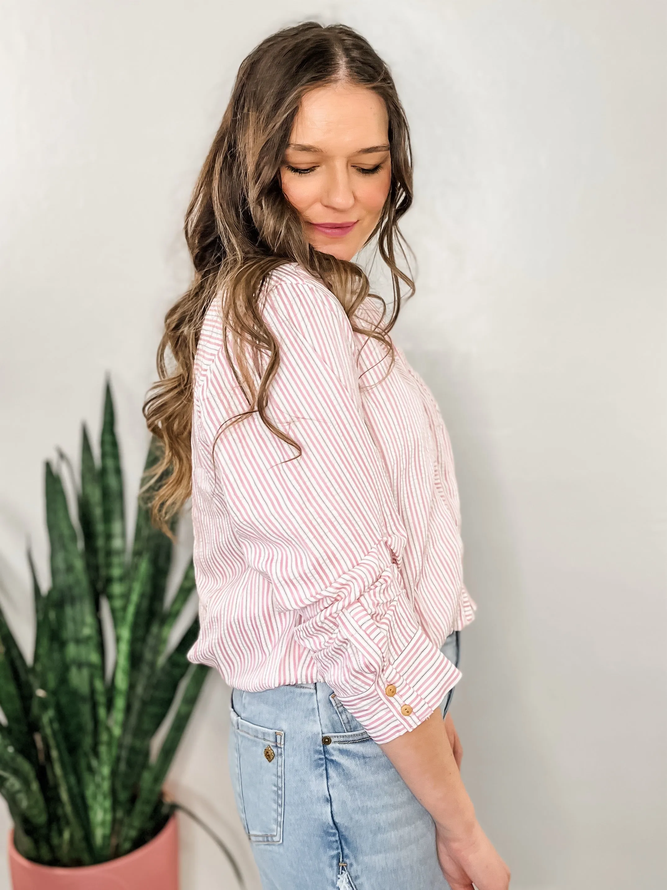Pink Striped Bubble Hem Button Down