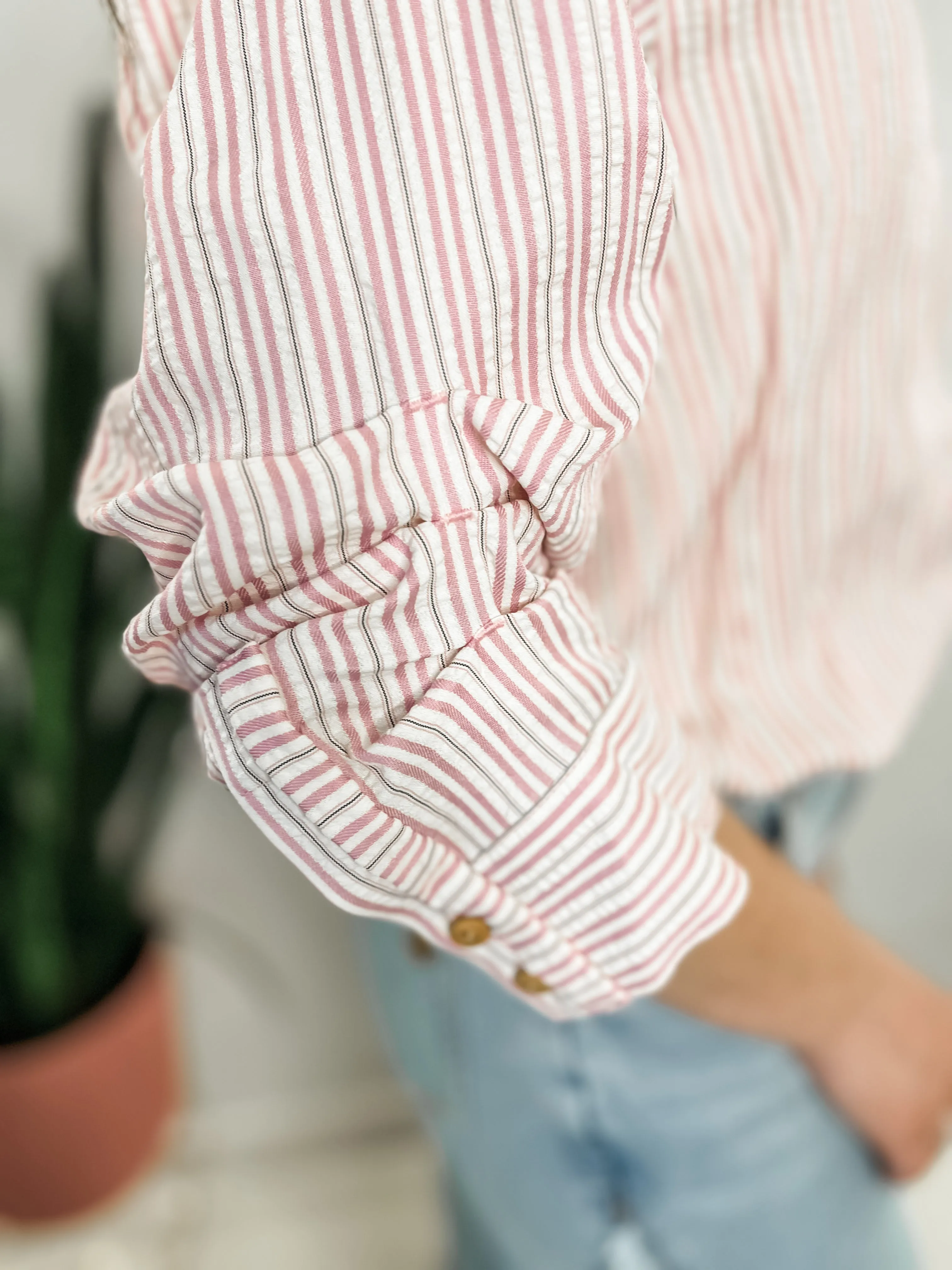 Pink Striped Bubble Hem Button Down