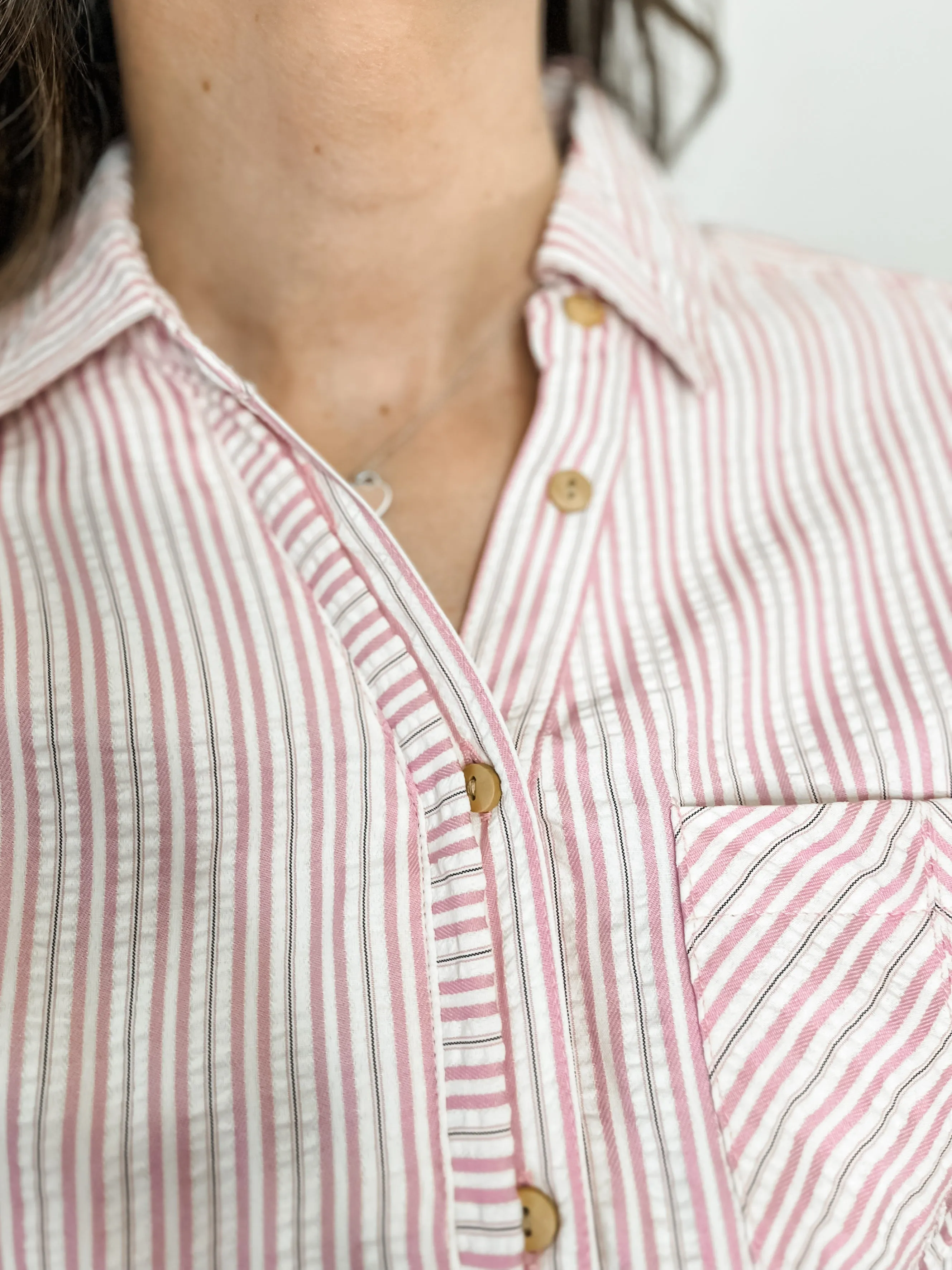 Pink Striped Bubble Hem Button Down