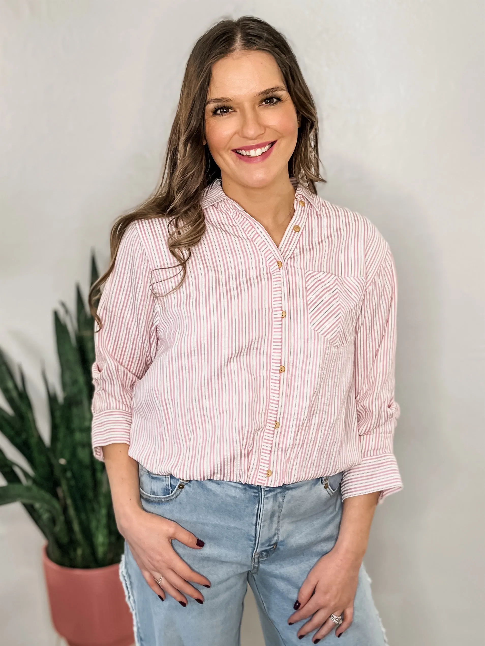 Pink Striped Bubble Hem Button Down