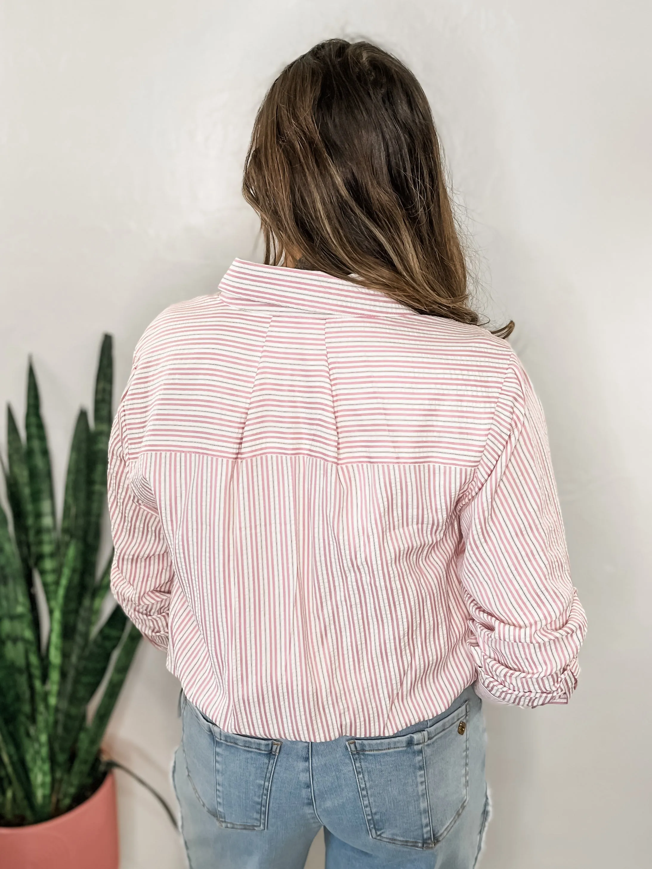 Pink Striped Bubble Hem Button Down