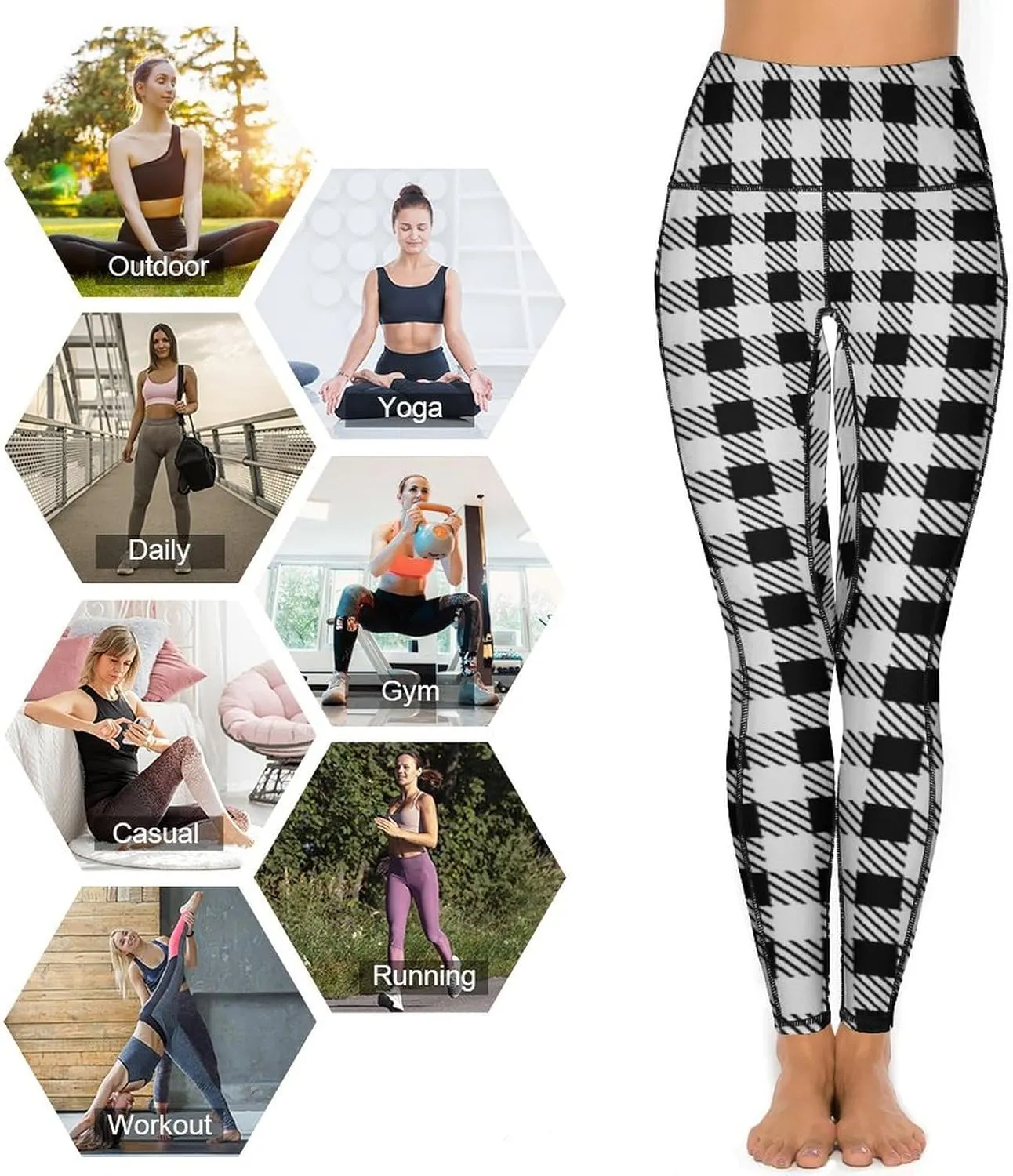 Plaid Women Leggings High Waist Yoga Pants with Pockets for Women Tummy Control Workout Trousers