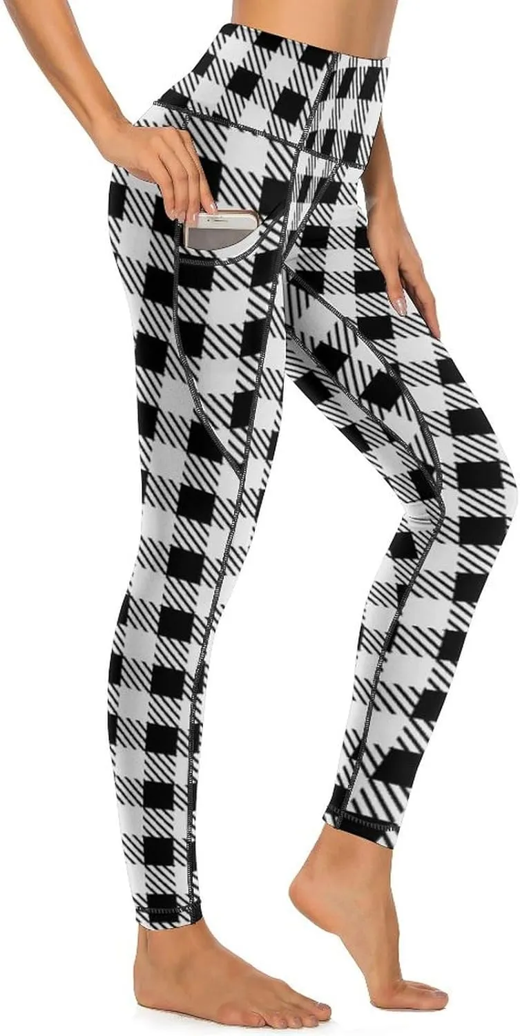 Plaid Women Leggings High Waist Yoga Pants with Pockets for Women Tummy Control Workout Trousers