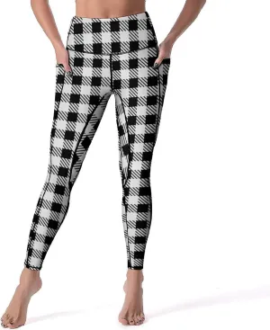 Plaid Women Leggings High Waist Yoga Pants with Pockets for Women Tummy Control Workout Trousers