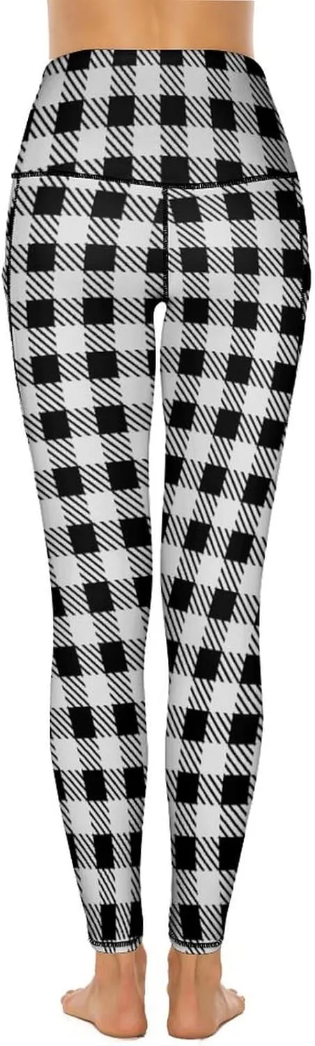Plaid Women Leggings High Waist Yoga Pants with Pockets for Women Tummy Control Workout Trousers