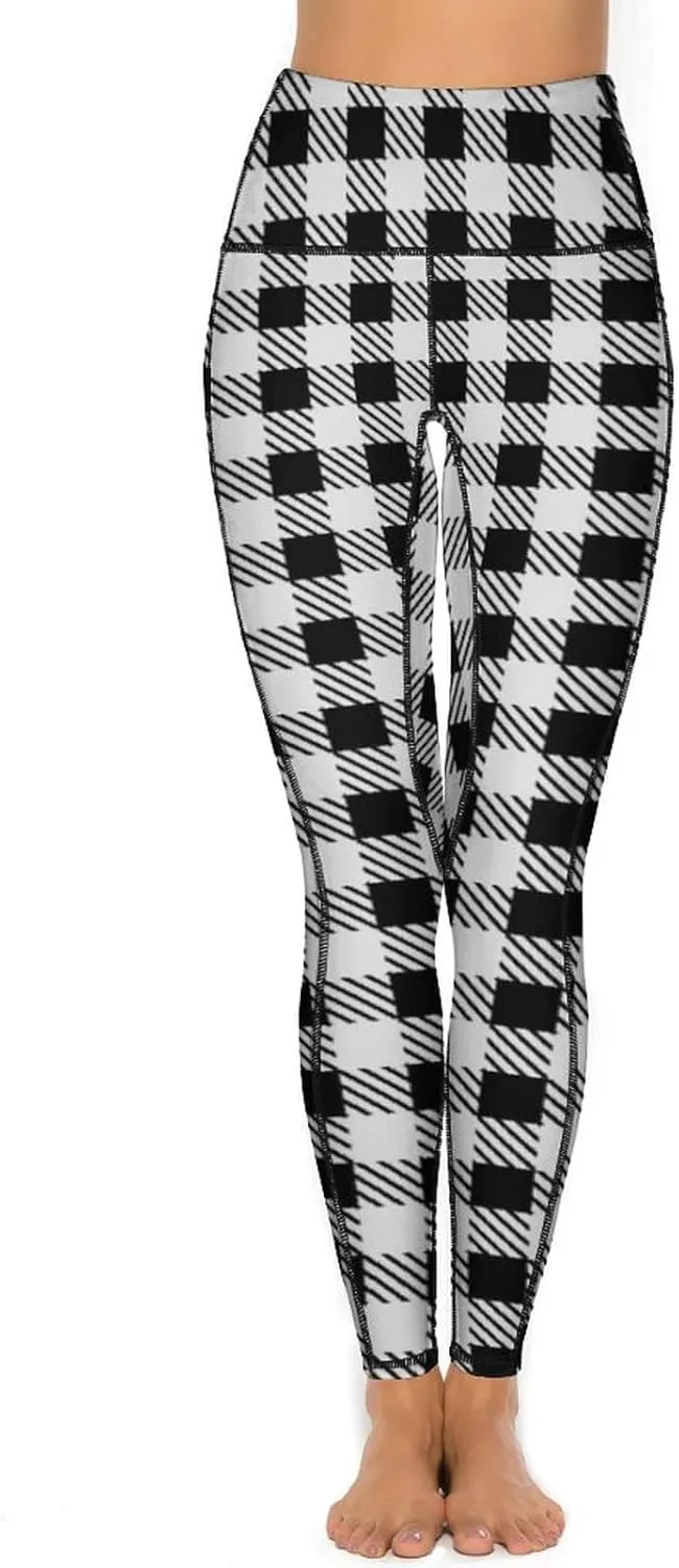 Plaid Women Leggings High Waist Yoga Pants with Pockets for Women Tummy Control Workout Trousers