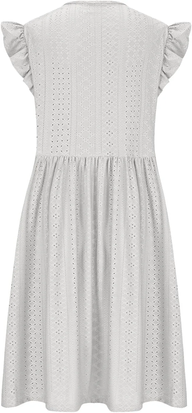 Plus Size Dresses for Women Summer Ruffle Cap Sleeve Cross V Neck Embroidered Eyelet Pleated A Line Knee Length Dress