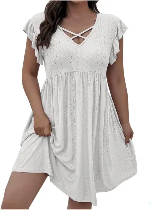 Plus Size Dresses for Women Summer Ruffle Cap Sleeve Cross V Neck Embroidered Eyelet Pleated A Line Knee Length Dress