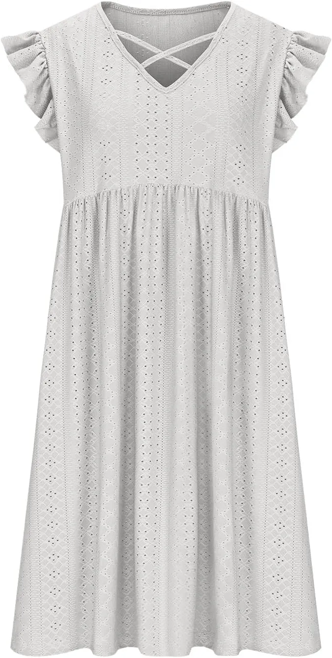 Plus Size Dresses for Women Summer Ruffle Cap Sleeve Cross V Neck Embroidered Eyelet Pleated A Line Knee Length Dress
