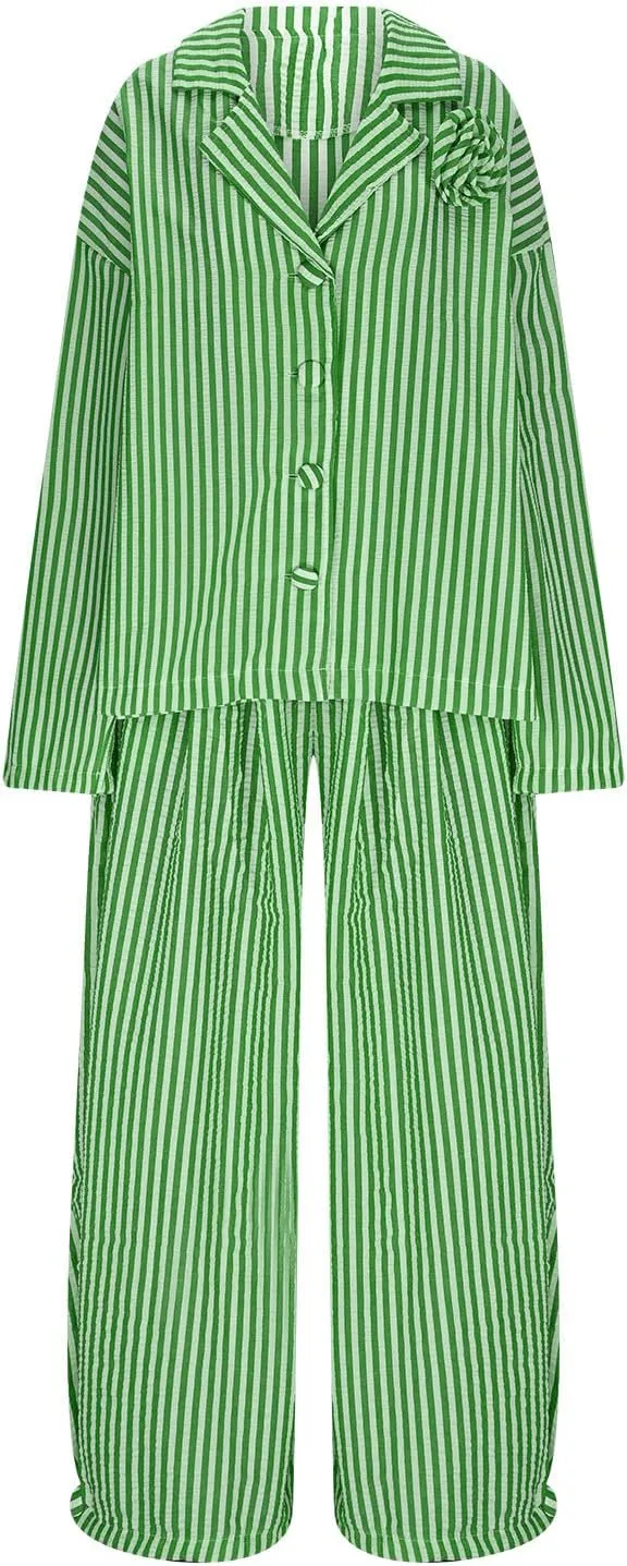 Plus Size Womens Pajama Sets 2 Piece Sleepwear Pjs Set Long Sleeve Button Down Top and Pants Stripe Loungewear Sets