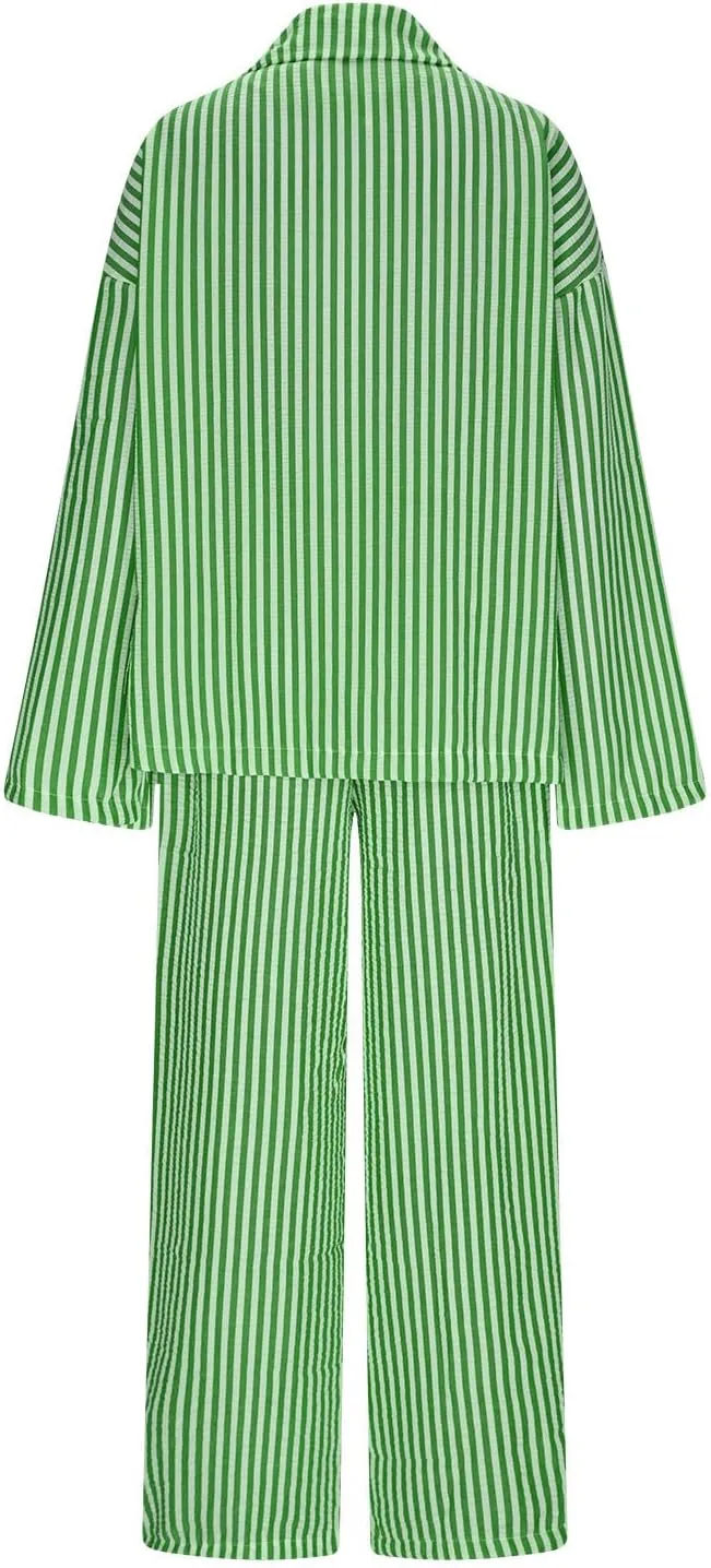Plus Size Womens Pajama Sets 2 Piece Sleepwear Pjs Set Long Sleeve Button Down Top and Pants Stripe Loungewear Sets