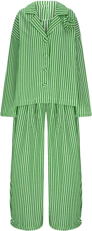 Plus Size Womens Pajama Sets 2 Piece Sleepwear Pjs Set Long Sleeve Button Down Top and Pants Stripe Loungewear Sets