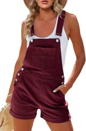 Pretifeel Womens Shorts Overall Bib Adjustable Straps Cuffed Hem Summer Romper Cotton Casual Stretch Jumpsuit