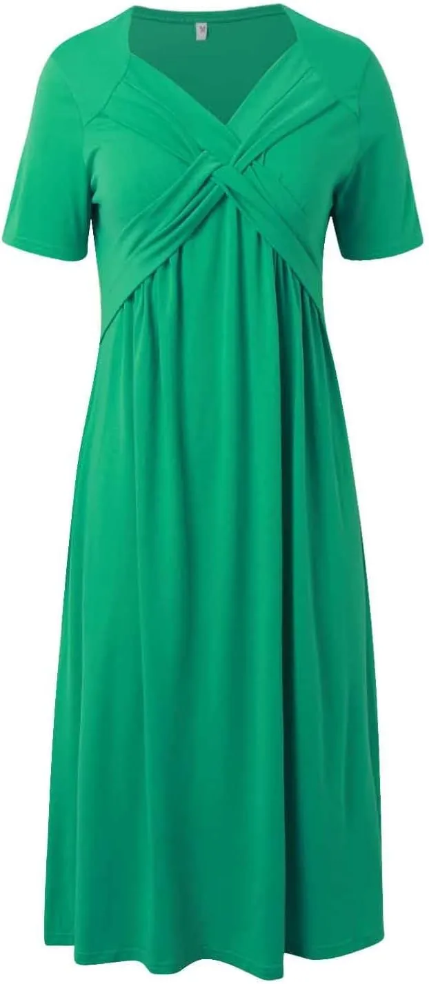 PTOLOCIF Women Fashion Solid Short Sleeve Casual Loose Long Dress with Pockets Dress for Women Beach Summer
