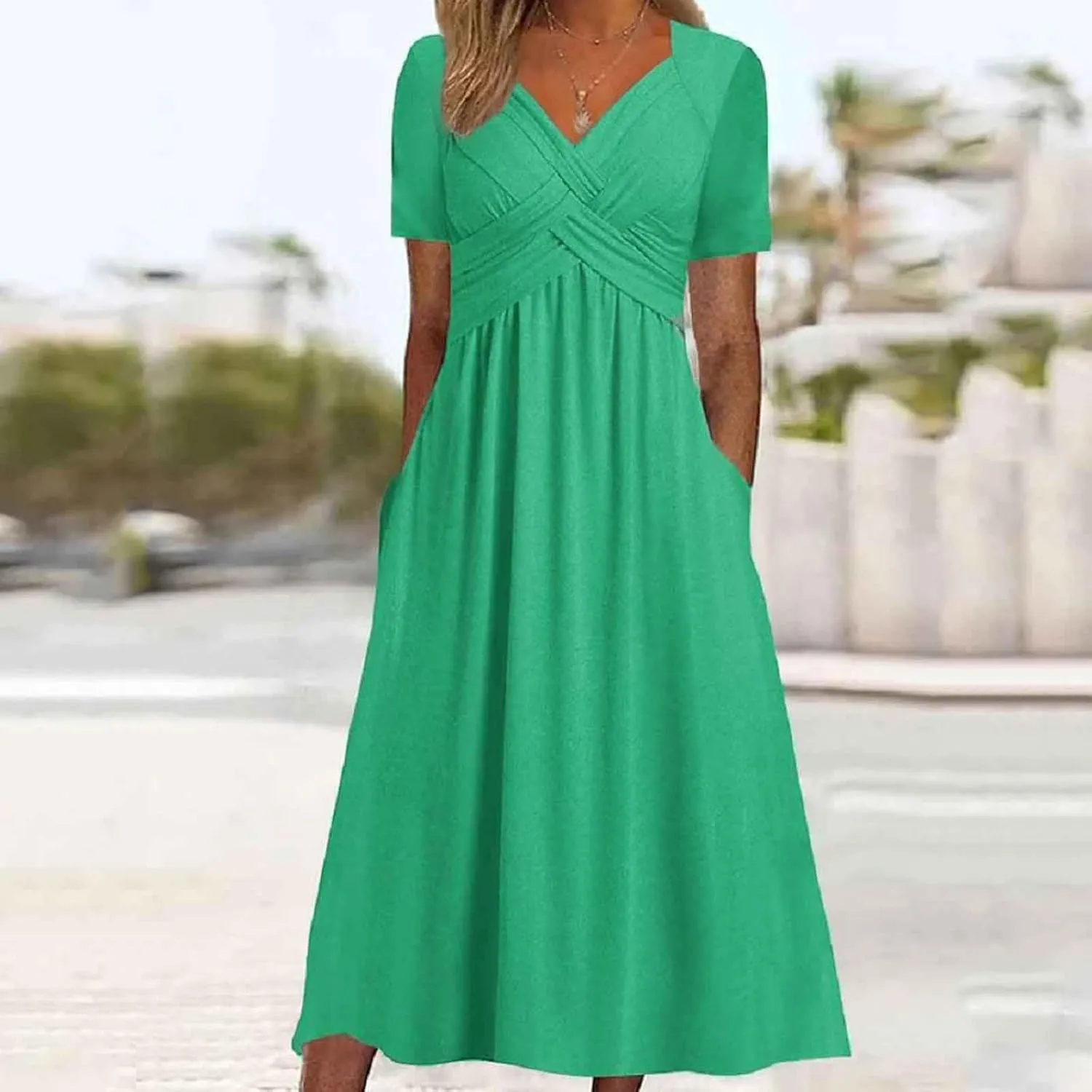 PTOLOCIF Women Fashion Solid Short Sleeve Casual Loose Long Dress with Pockets Dress for Women Beach Summer