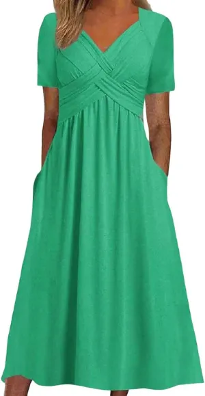 PTOLOCIF Women Fashion Solid Short Sleeve Casual Loose Long Dress with Pockets Dress for Women Beach Summer
