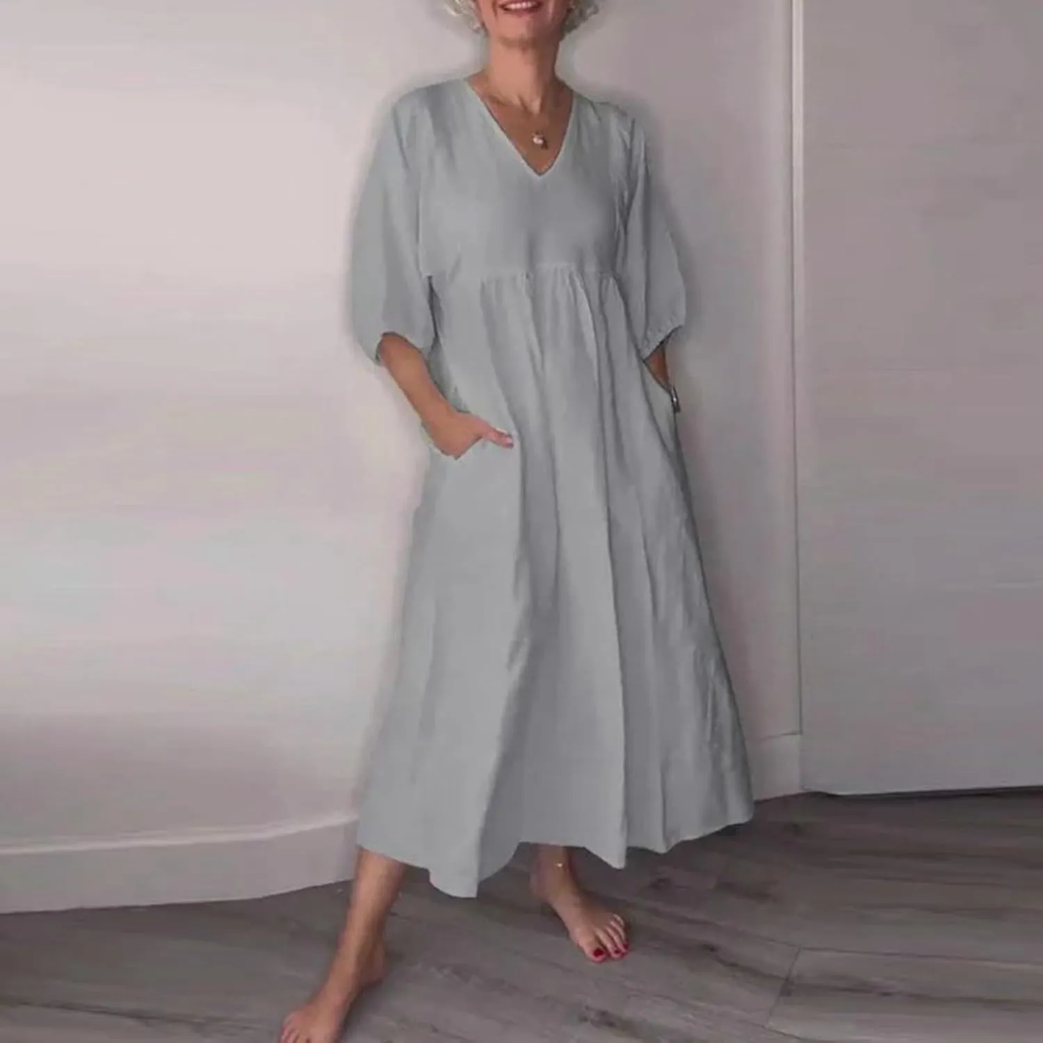 PTOLOCIF Womens Summer Casual Half Sleeve V Neck Midi Dresses Plus Size Dress a Line Flowy Tiered 2025 Boho Beach Dress