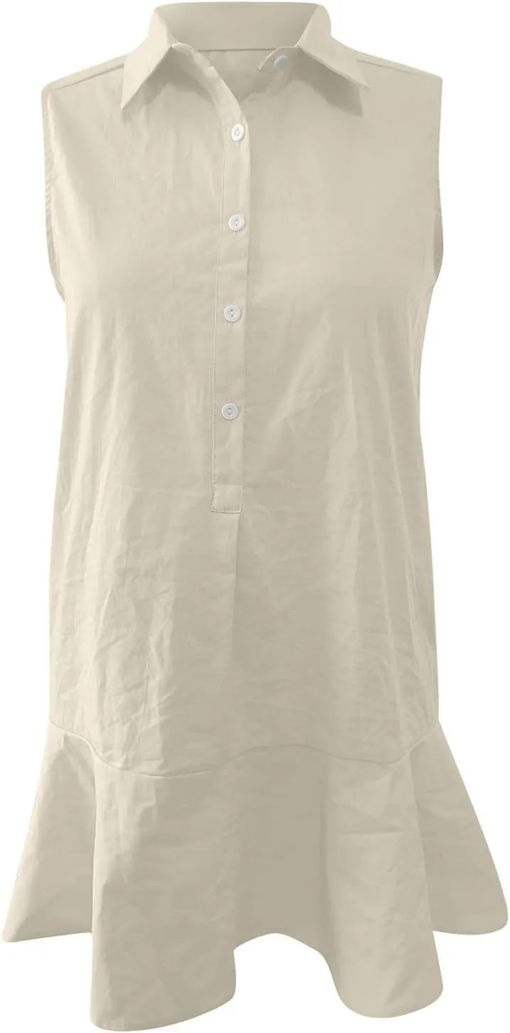 PTOLOCIF Women's Tunic Mini Shirt Dress Sleeveless Cute Chambray Dress Button Up Flowy Ruffle Hem Dresses Straight