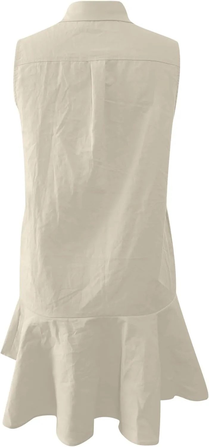 PTOLOCIF Women's Tunic Mini Shirt Dress Sleeveless Cute Chambray Dress Button Up Flowy Ruffle Hem Dresses Straight