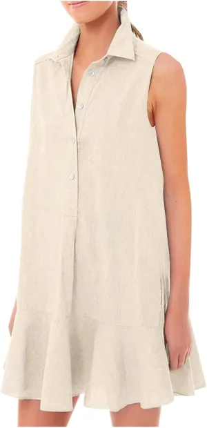 PTOLOCIF Women's Tunic Mini Shirt Dress Sleeveless Cute Chambray Dress Button Up Flowy Ruffle Hem Dresses Straight