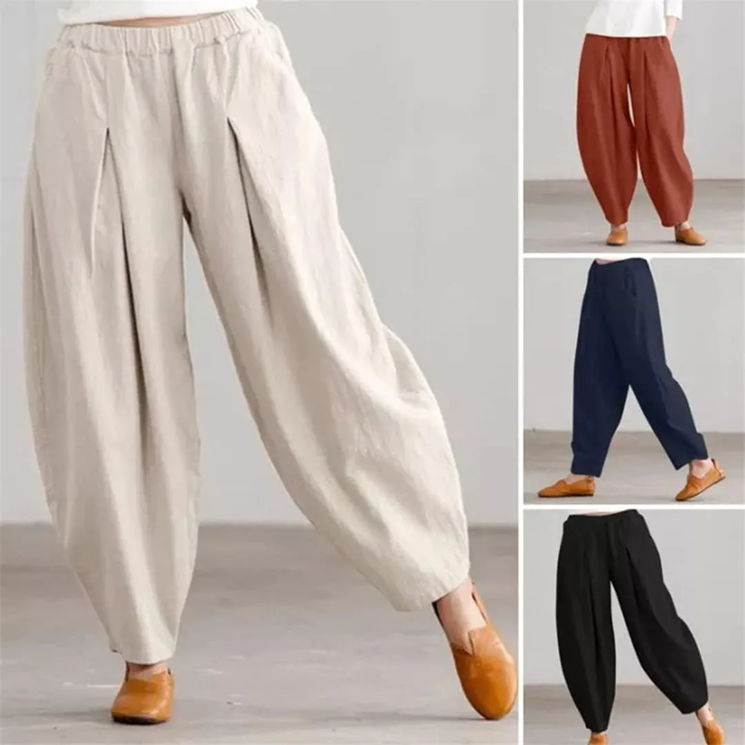 Pulcykp Women Cotton Linen Harem Pants Cool Casual Trousers Harajuku Elastic Waist Loose Pants