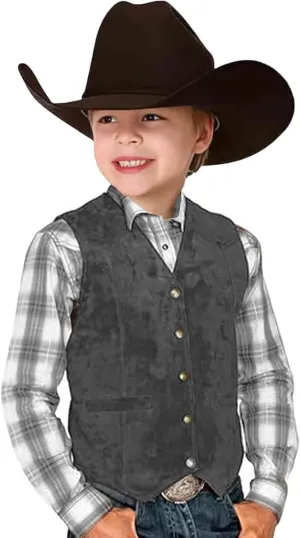 Retro Boys Western Vest Suede Cowboy Style Vest Casual V Neck Vintage Waist Coat