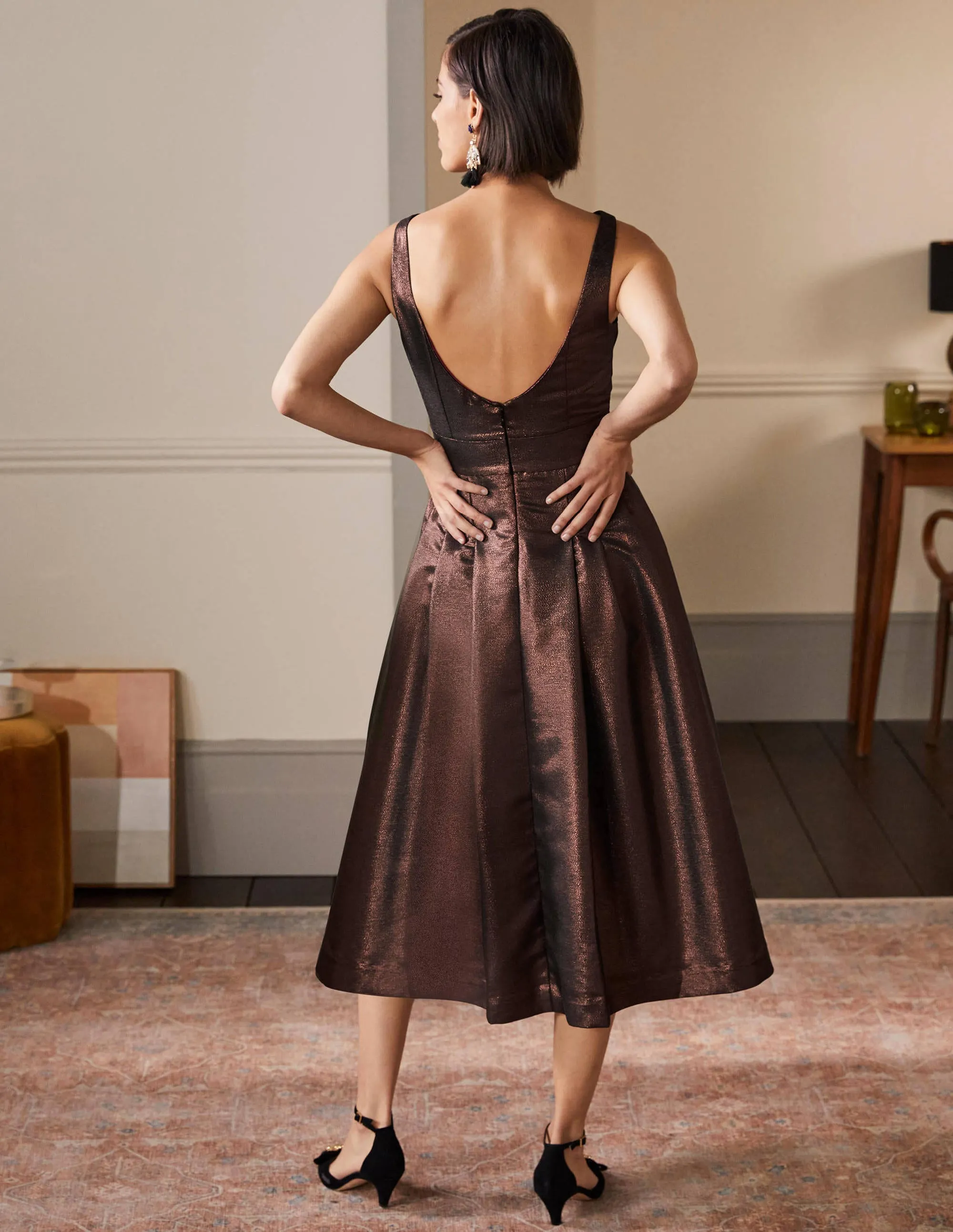 Scoop Back Fit and Flare Dress-Bronze Lurex