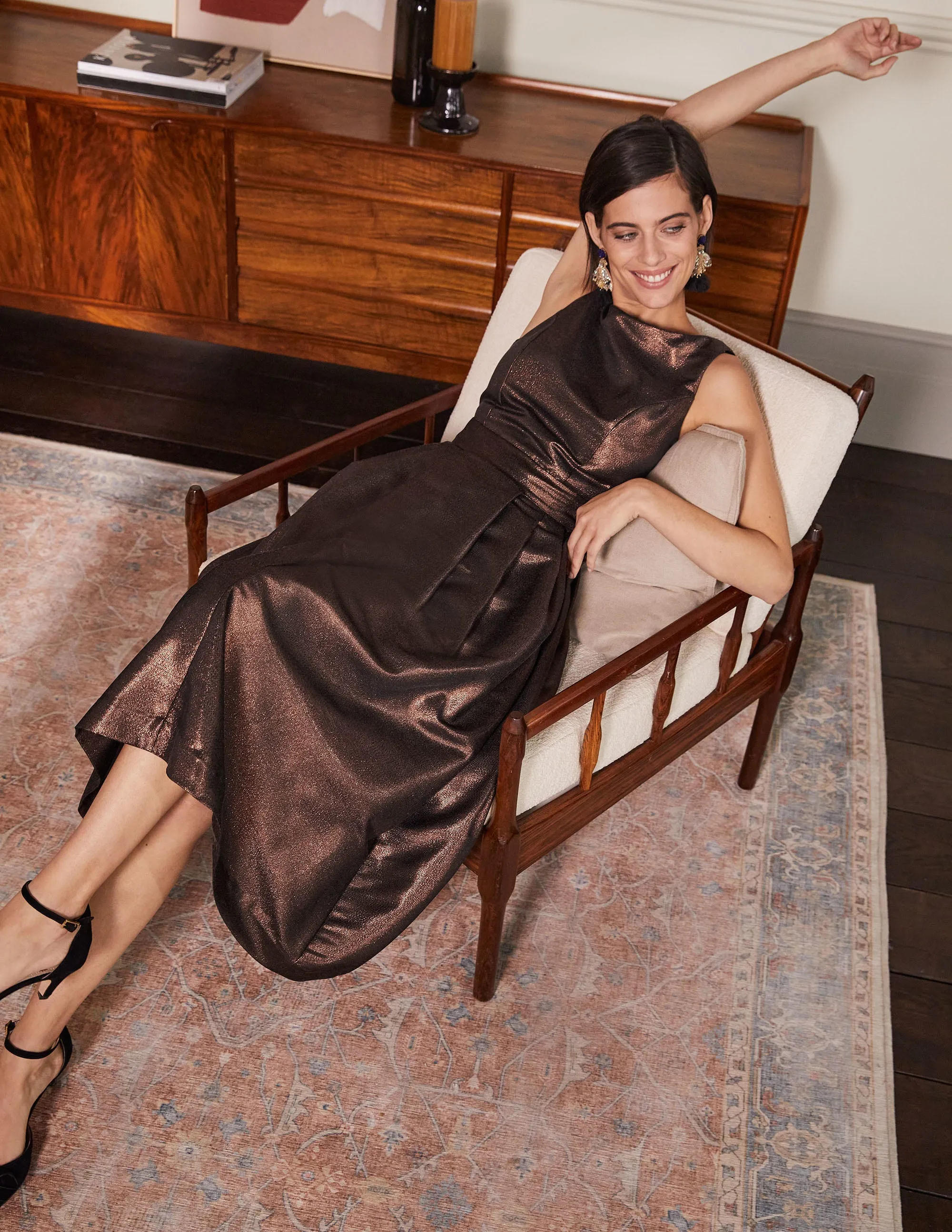 Scoop Back Fit and Flare Dress-Bronze Lurex
