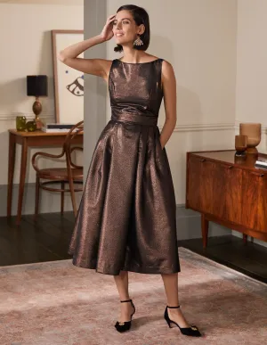 Scoop Back Fit and Flare Dress-Bronze Lurex