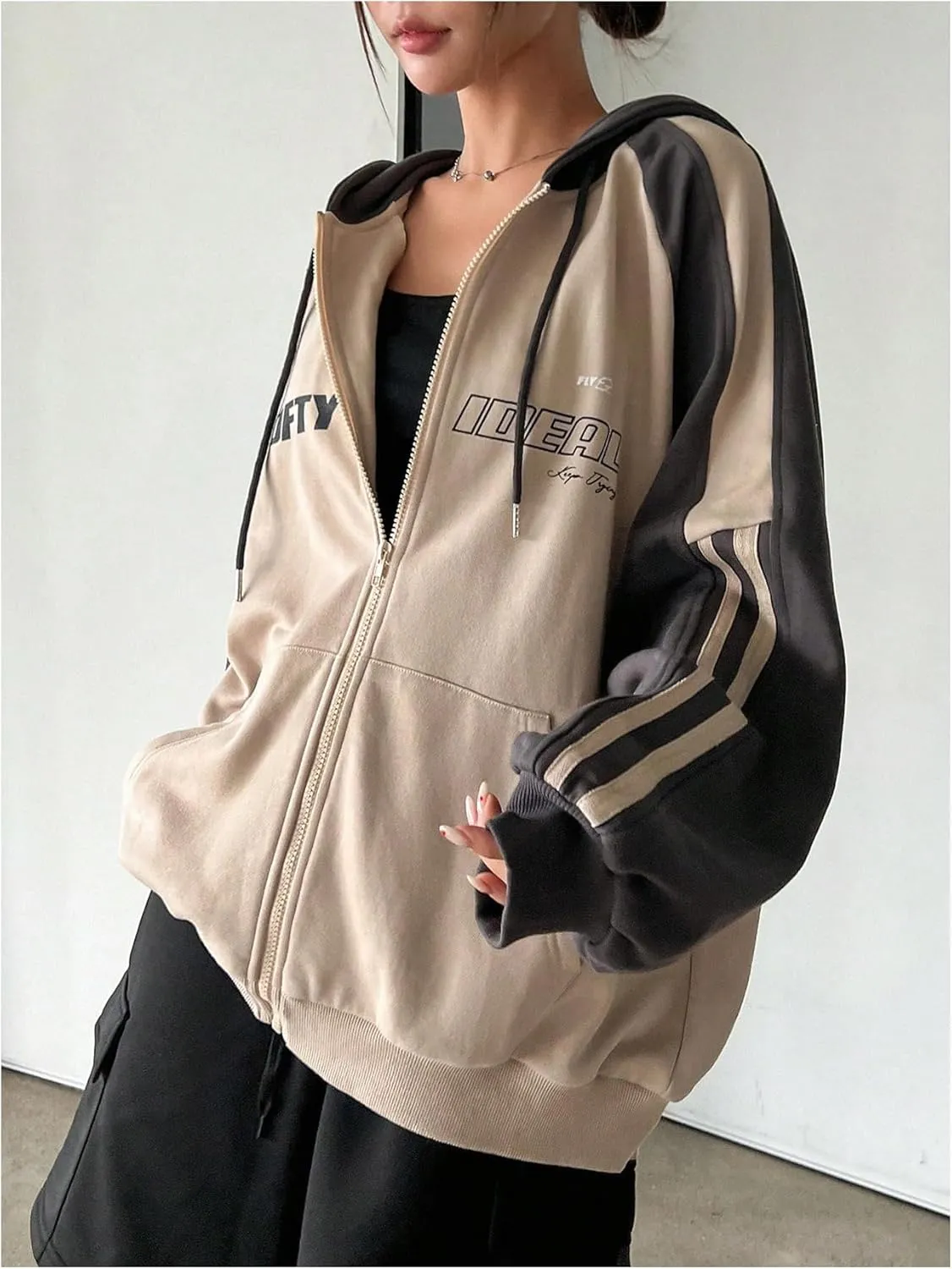 SHENHE Women's Oversized Zip Up Hoodie Letter Print Raglan Sleeve Color Block y2k Jersey Sweatshirt with Pockets