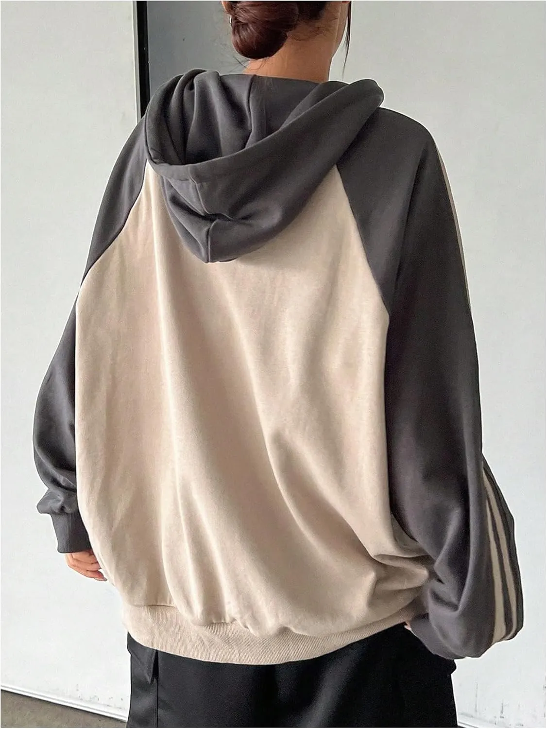 SHENHE Women's Oversized Zip Up Hoodie Letter Print Raglan Sleeve Color Block y2k Jersey Sweatshirt with Pockets