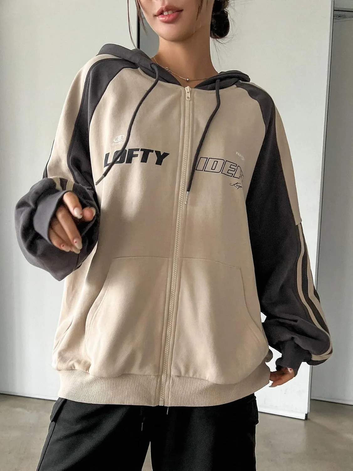 SHENHE Women's Oversized Zip Up Hoodie Letter Print Raglan Sleeve Color Block y2k Jersey Sweatshirt with Pockets