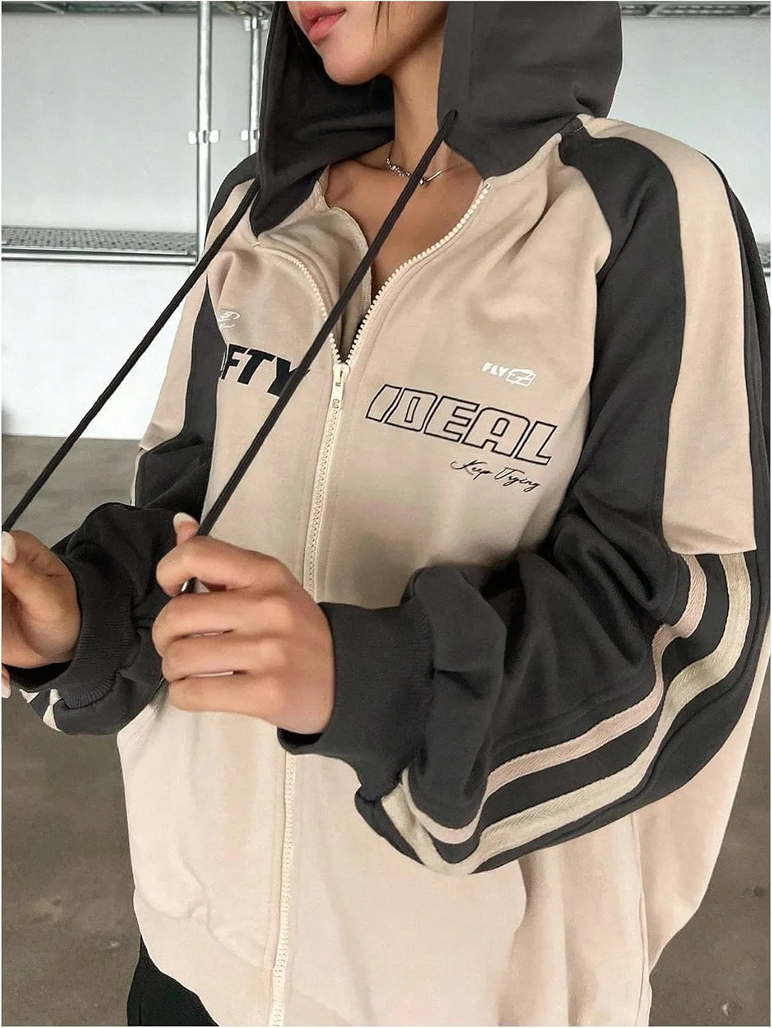 SHENHE Women's Oversized Zip Up Hoodie Letter Print Raglan Sleeve Color Block y2k Jersey Sweatshirt with Pockets