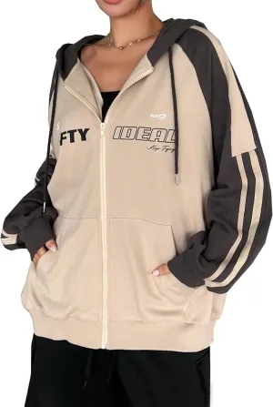 SHENHE Women's Oversized Zip Up Hoodie Letter Print Raglan Sleeve Color Block y2k Jersey Sweatshirt with Pockets
