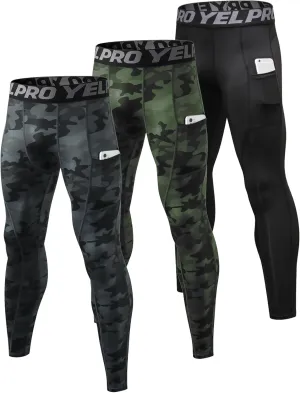 SPVISE 3 Pack Men's Compression Pants Leggings Running Tights with Pockets Cool Dry Workout Base Layer Athletic Gym Pants