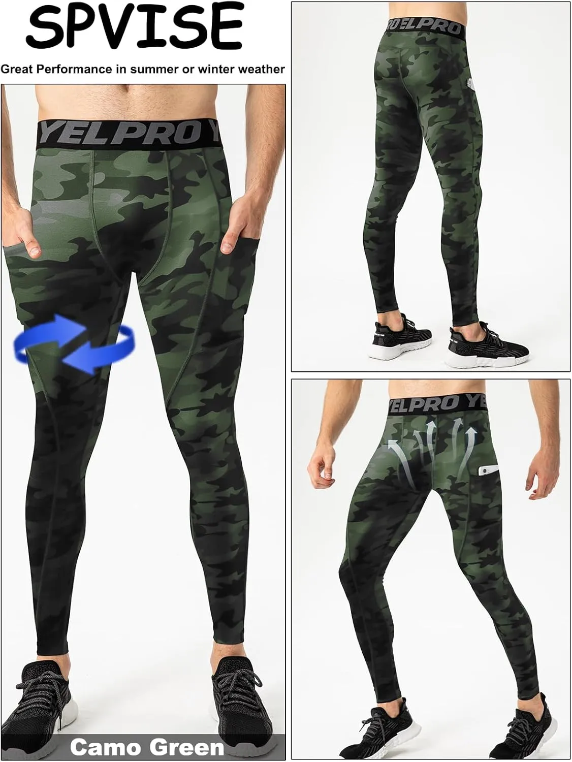 SPVISE 3 Pack Men's Compression Pants Leggings Running Tights with Pockets Cool Dry Workout Base Layer Athletic Gym Pants