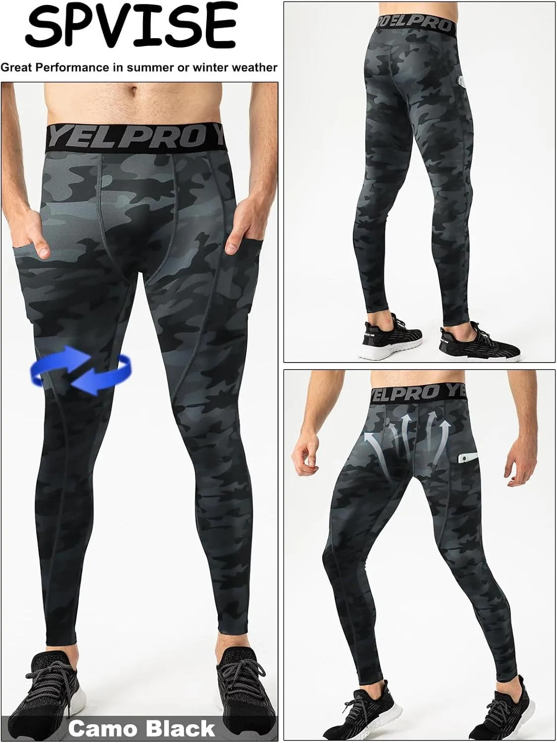 SPVISE 3 Pack Men's Compression Pants Leggings Running Tights with Pockets Cool Dry Workout Base Layer Athletic Gym Pants