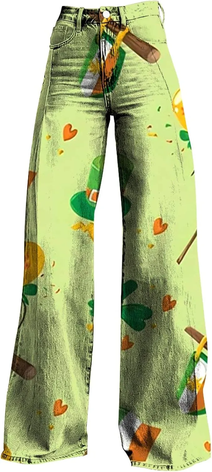 St Patricks Day Outfits for Women Shamrock Prints Patch Mid Waist High Waist Floral Patterned Pants Casual Work