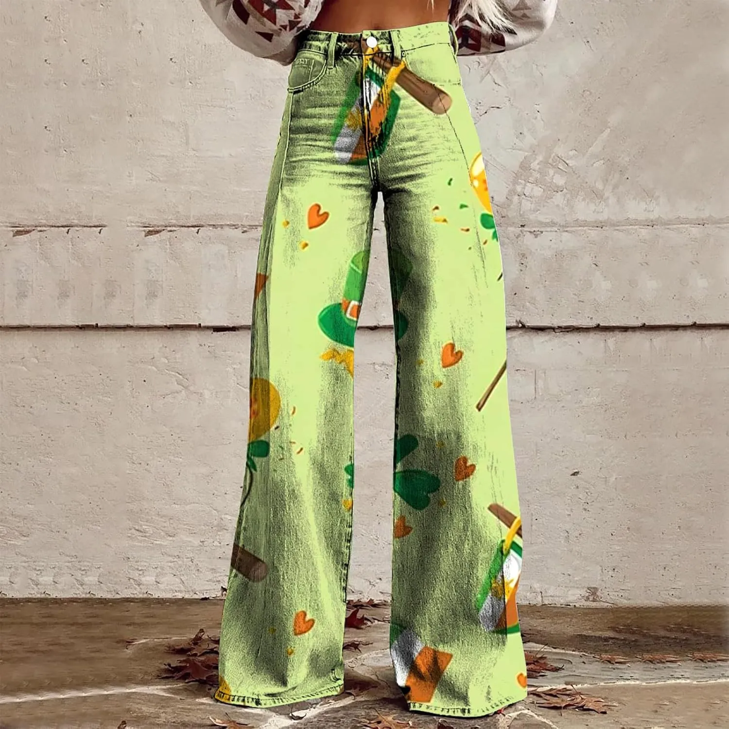 St Patricks Day Outfits for Women Shamrock Prints Patch Mid Waist High Waist Floral Patterned Pants Casual Work