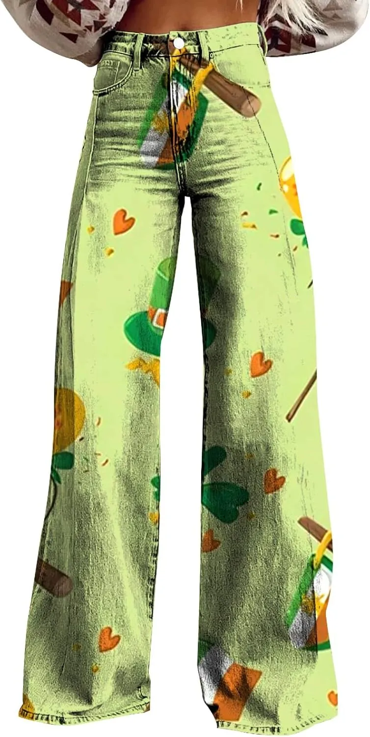 St Patricks Day Outfits for Women Shamrock Prints Patch Mid Waist High Waist Floral Patterned Pants Casual Work