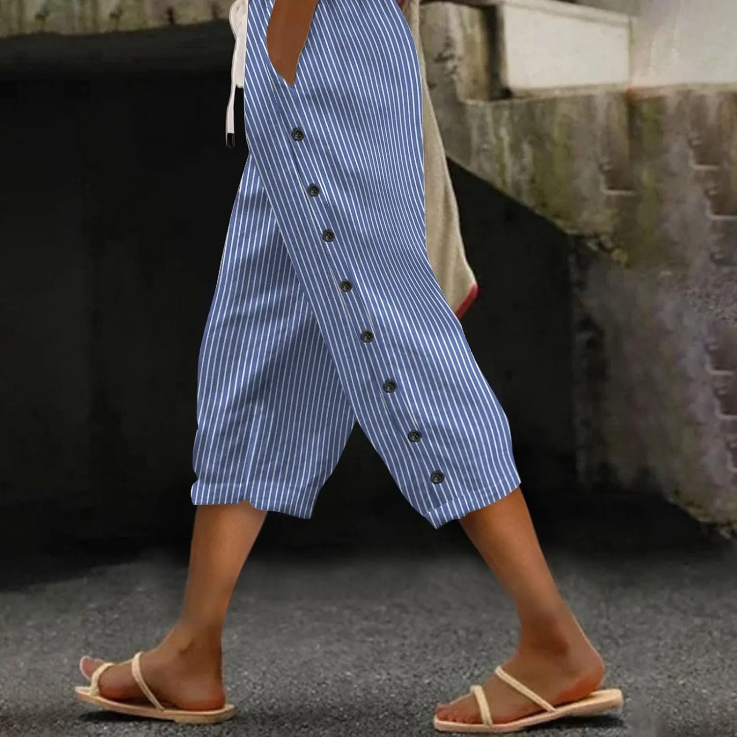 Striped Linen Capri Pants for Women 2025 Spring Summer Lightweight High Waist Drawstring Pants Comfy Cropped Trousers