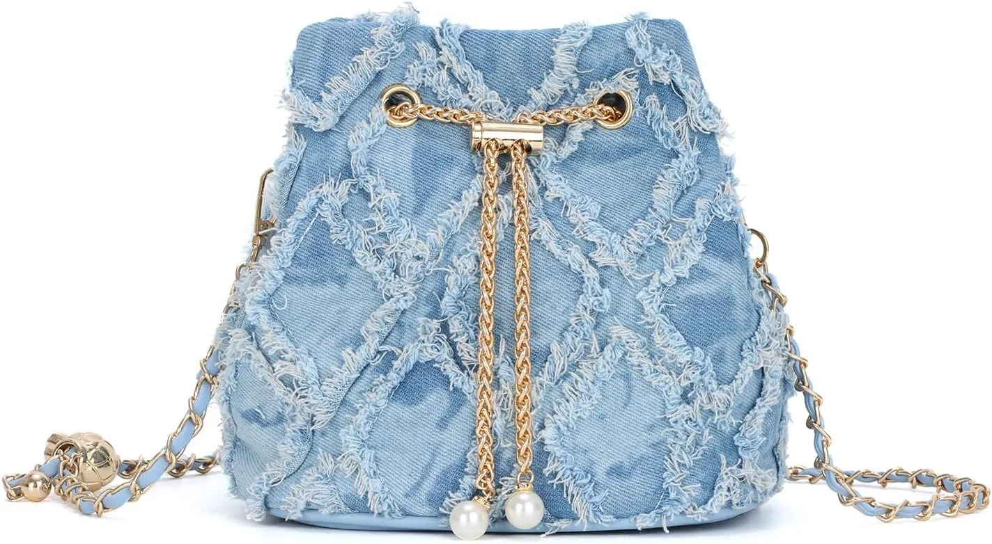 SUKUTU Denim Bucket Bag for Women Trendy Jean Purse Drawstring Crossbody Shoulder Bag Hobo Bag