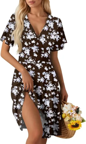 Summer Dresses for Women 2025 Casual Sun Dresses Short Sleeve v Neck Beach Vacation midi Dresses with Pockets