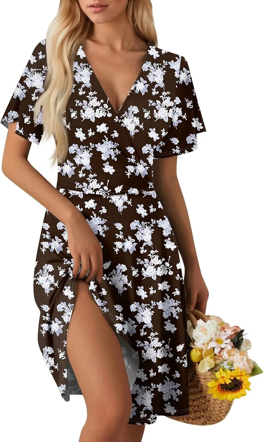 Summer Dresses for Women 2025 Casual Sun Dresses Short Sleeve v Neck Beach Vacation midi Dresses with Pockets